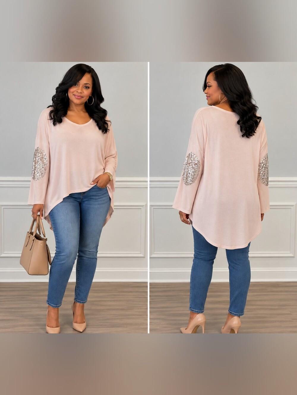 Sage Light Pink Sequin Elbow-Patch Long Sleeve Top